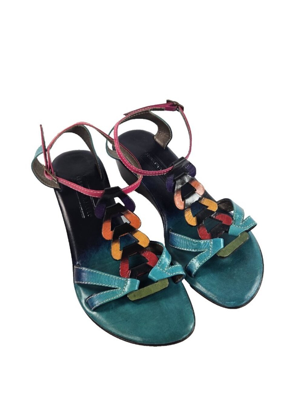 Multicolor Leather Wedge Sandals Size 36 Made in Colombia Boho Festival